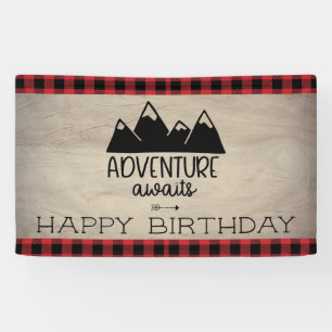 Adventure Awaits Birthday Wood Buffalo Plaid Banner