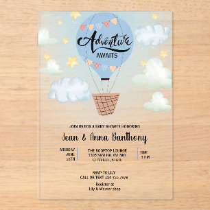 Adventure Awaits Blue Air Balloon Baby Shower Acrylic Invitations
