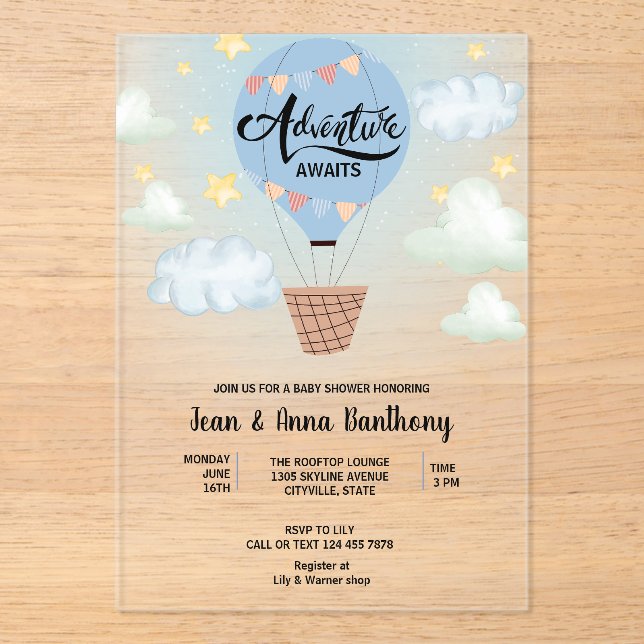 Adventure Awaits Blue Air Balloon Baby Shower  Acrylic Invitations (Front)