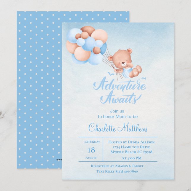 Adventure Awaits Blue Balloon Baby Shower   Invitation (Front/Back)