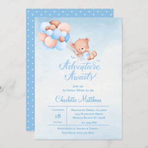 Adventure Awaits Blue Balloon Baby Shower   Invitation