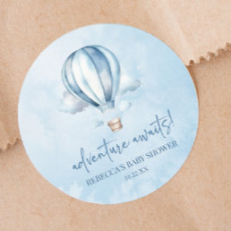 Adventure Awaits! Blue Hot Air Balloon Baby Shower Classic Round Sticker