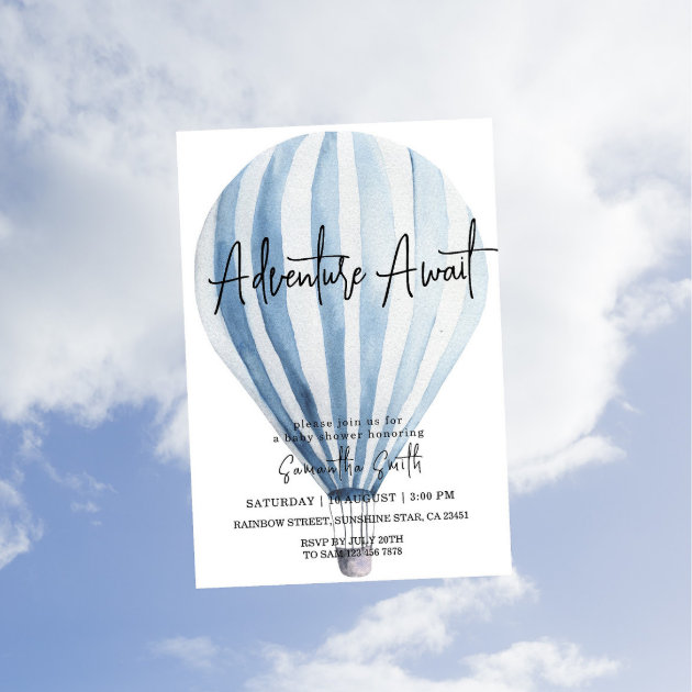 Adventure Awaits Blue Hot Air Balloon Baby Shower  Invitation