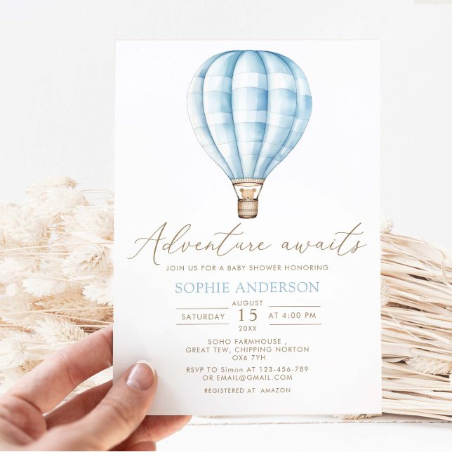 Adventure Awaits Blue Hot Air Balloon Baby Shower Invitation (Creator Uploaded)