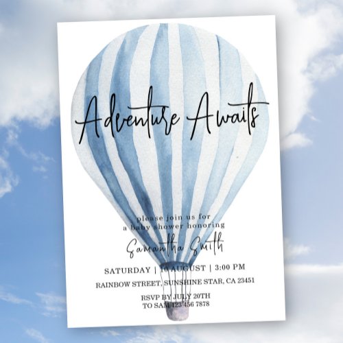 Adventure Awaits Blue Hot Air Balloon Baby Shower  Invitation