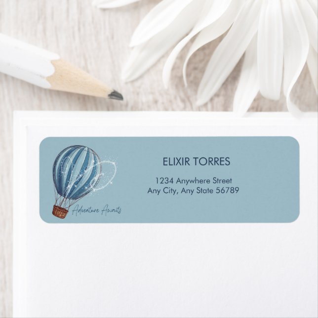 Adventure Awaits Blue Hot Air Balloon Baby Shower Label (Insitu)