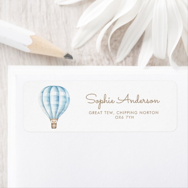 Adventure Awaits Blue Hot Air Balloon Baby Shower  Label (Insitu)