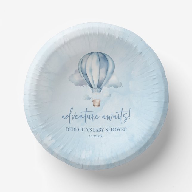 Adventure Awaits! Blue Hot Air Balloon Baby Shower Paper Bowls (Front)