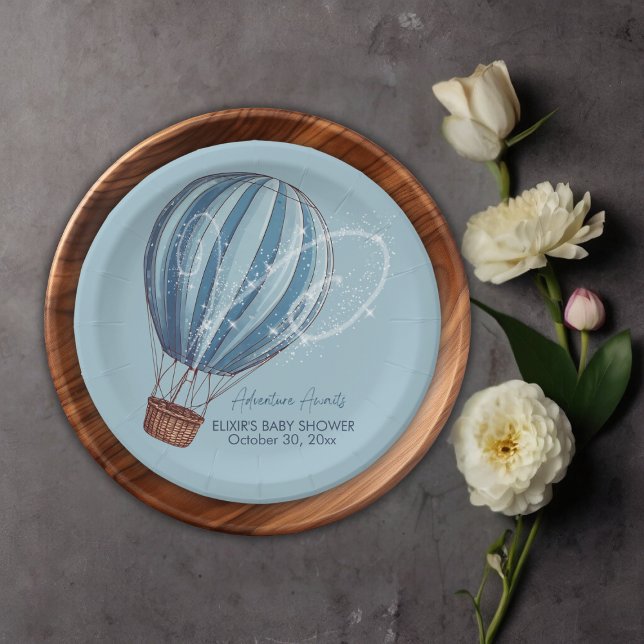 Adventure Awaits Blue Hot Air Balloon Baby Shower Paper Plates (Creator Uploaded)
