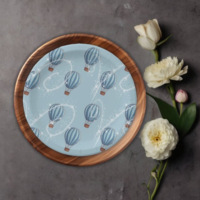 Adventure Awaits Blue Hot Air Balloon Baby Shower Paper Plates (Creator Uploaded)