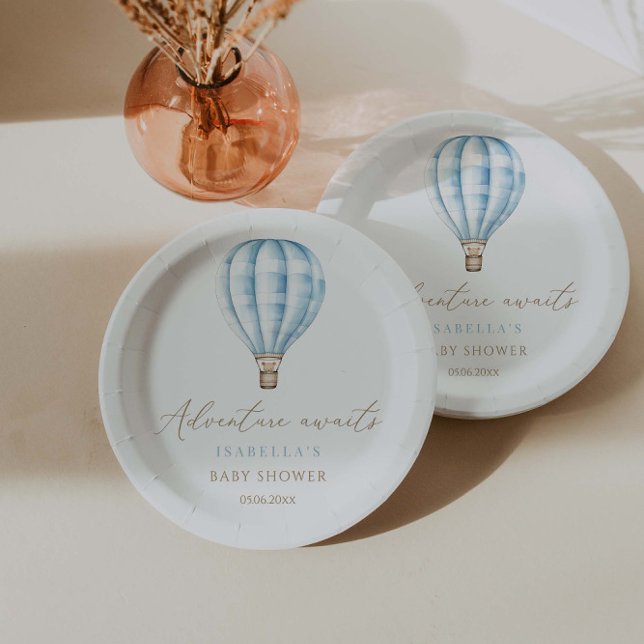 Adventure Awaits Blue Hot Air Balloon Baby Shower Paper Plates (Creator Uploaded)