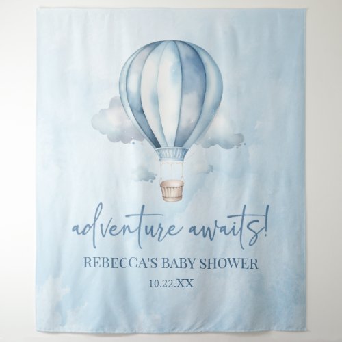 Adventure Awaits Blue Hot Air Balloon Baby Shower Tapestry