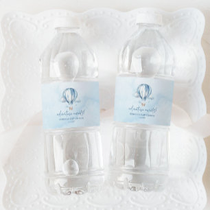 Adventure Awaits! Blue Hot Air Balloon Baby Shower Water Bottle Label