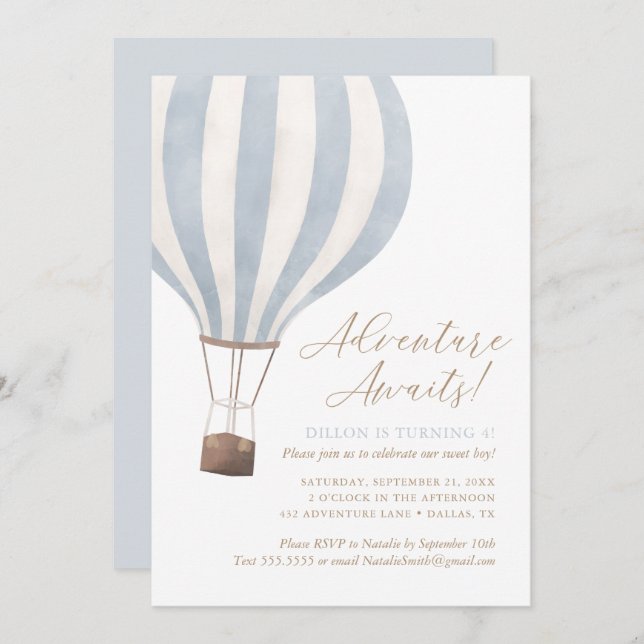 Adventure Awaits Blue Hot Air Balloon Boy Birthday Invitation (Front/Back)