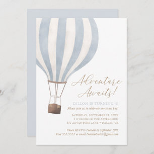 Adventure Awaits Blue Hot Air Balloon Boy Birthday Invitation