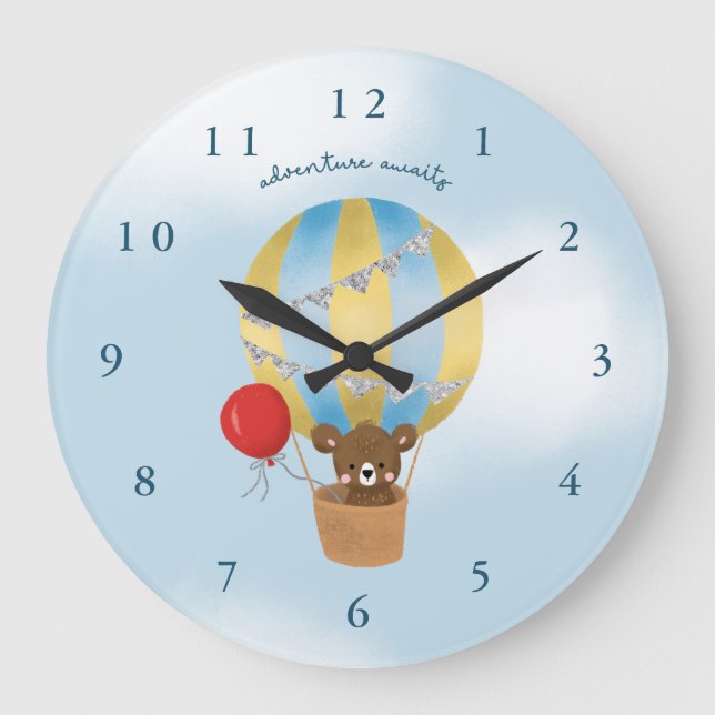 adventure awaits blue hot air balloon nursery room large clock (Front)