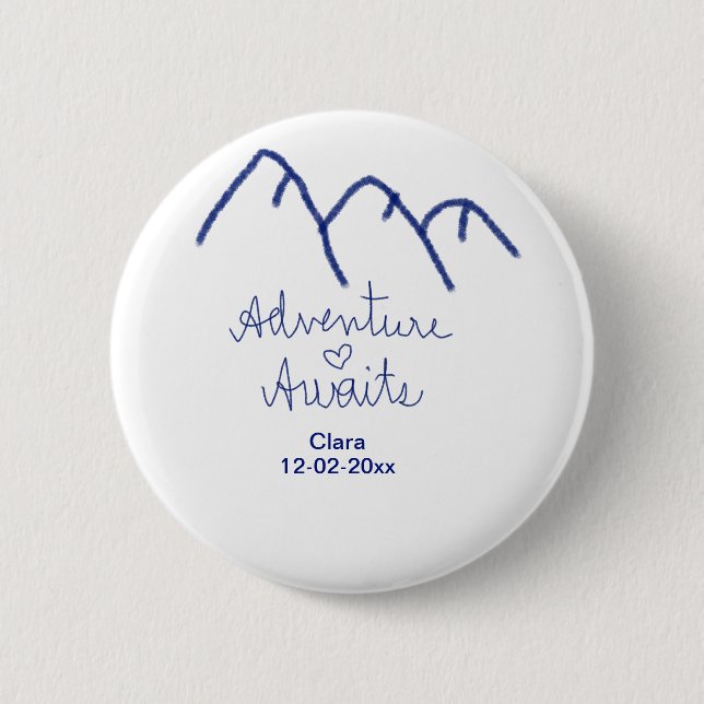 Adventure awaits blue mountain heart add name  button (Front)