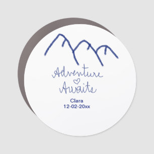Adventure awaits blue mountain heart add name car magnet