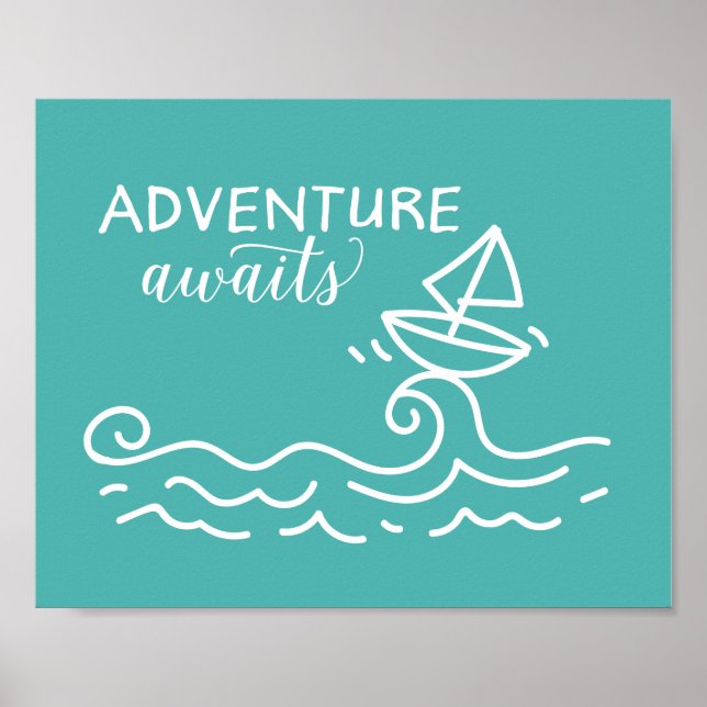 Adventure Awaits Blue Nautical Nursery Art Poster (Front)