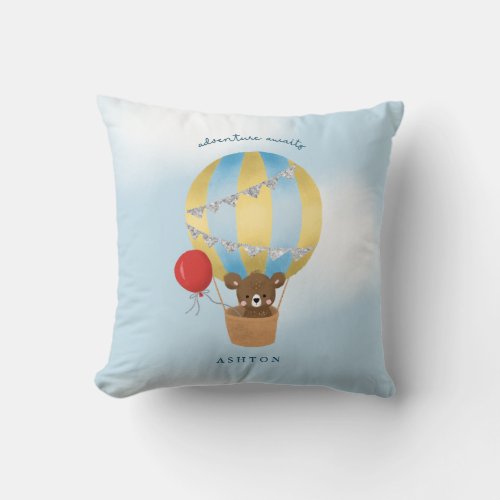 Adventure Awaits Blue Silver Hot Air Balloon Throw Pillow