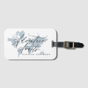 Adventure awaits blue watercolor world map luggage tag