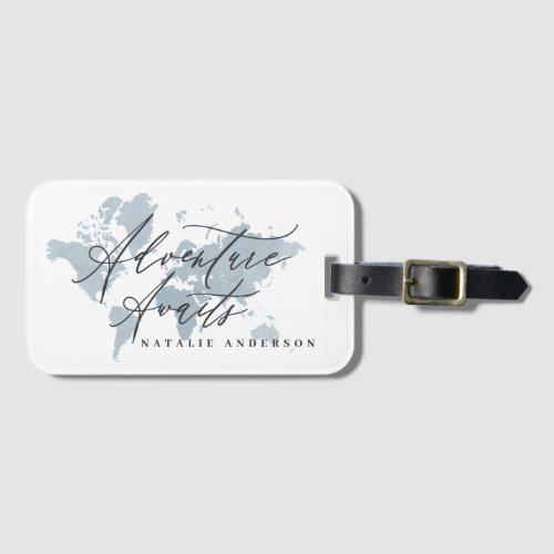 Adventure awaits blue watercolor world map luggage tag