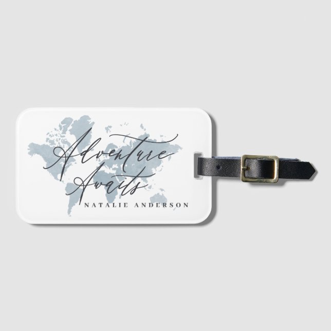 Adventure awaits blue watercolor world map luggage tag (Front Horizontal)