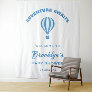 Adventure Awaits Blue White Baby Shower Backdrop