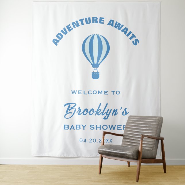 Adventure Awaits Blue White Baby Shower Backdrop (In Situ)