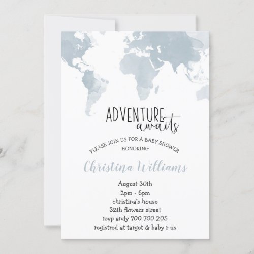 Adventure Awaits Blue World Map Boy Baby Shower Invitation