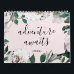 Adventure Awaits Blush and White Floral Photo Calendar<br><div class="desc">Beautiful modern script "adventure awaits" floral border calendar includes a personalized photo and editable statement text for each month. Front and back cover feature a beautiful white floral wreath and greenery. The back cover includes a full photo with wreath.</div>
