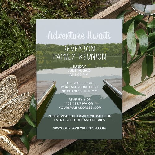 Adventure Awaits Boat Dock Lake Family Reunion Invitation