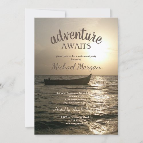 Adventure AwaitsBoat Sunset Sea Retirement Party Invitation