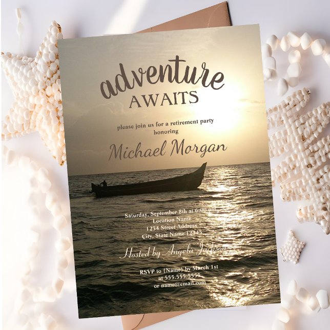Adventure Awaits,Boat Sunset Sea Retirement Party Invitation (Creator Uploaded)