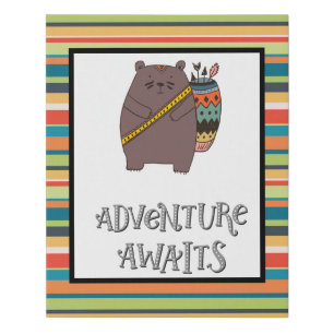 Adventure Awaits Boho Bear Nursery Art Faux Canvas Print