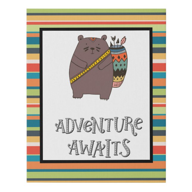 Adventure Awaits Boho Bear Nursery Art Faux Canvas Print (Front)