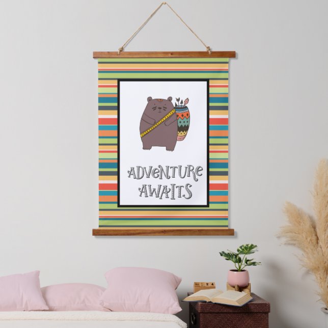 Adventure Awaits Boho Bear Nursery Art   Hanging Tapestry (Bedroom)