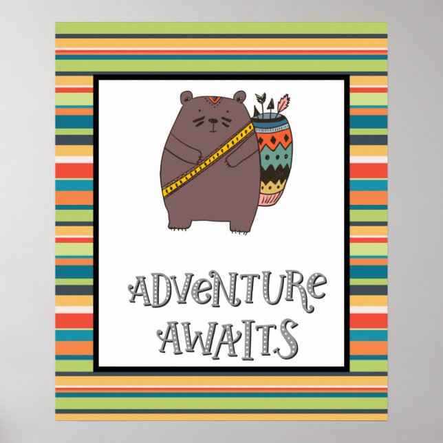 Adventure Awaits Boho Bear Nursery Art Poster (Front)