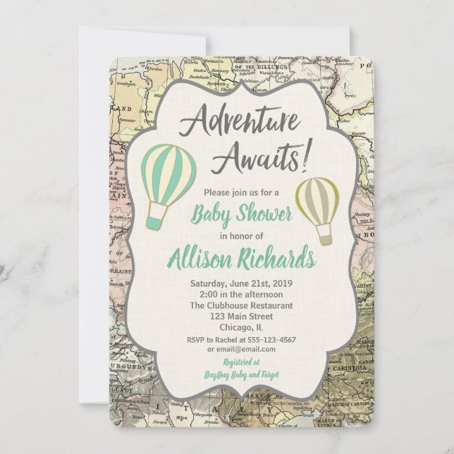 Adventure Awaits boy baby shower invitations (Front)