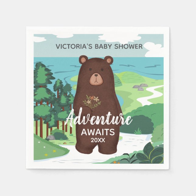 Adventure Awaits Brown Bear Landscape Baby Shower Napkins (Front)