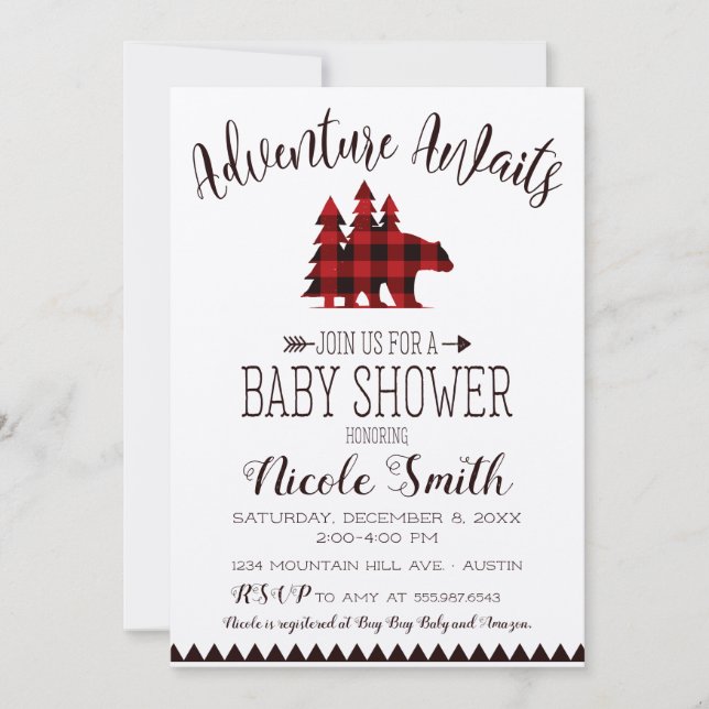 Adventure Awaits Buffalo Check Bear Baby Shower Invitation (Front)