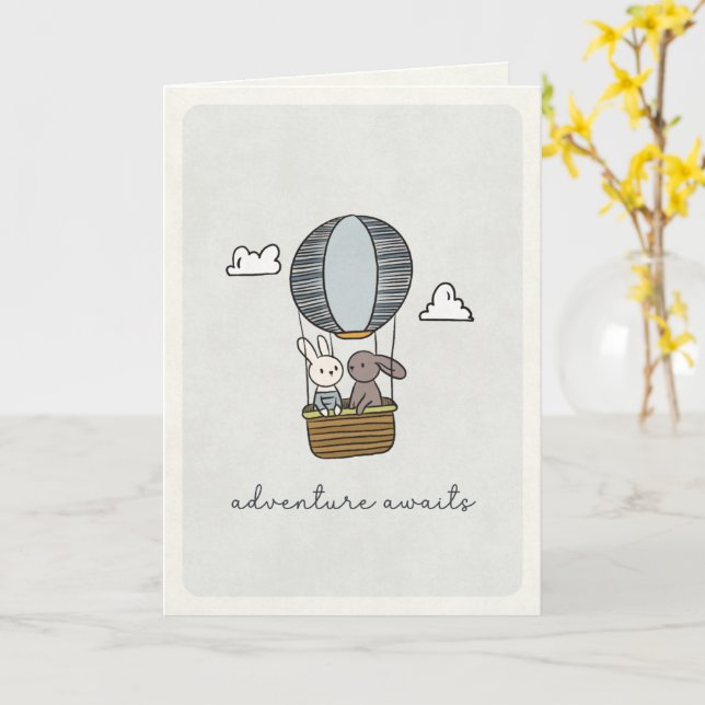 Adventure Awaits Bunny Hot Air Balloon Greeting Card (Yellow Flower)