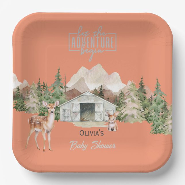 Adventure Awaits Burnt Orange Mountain Baby Shower Paper Plates (Front)
