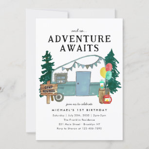 Adventure Awaits Camper Trees Camping Birthday Invitation