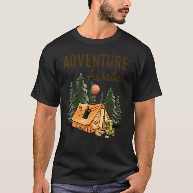 Adventure Awaits Camping   Camping Hiking T-Shirt (Front)