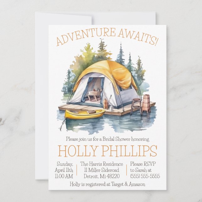 Adventure Awaits! Camping, Canoeing, Bridal Shower Invitation (Front)