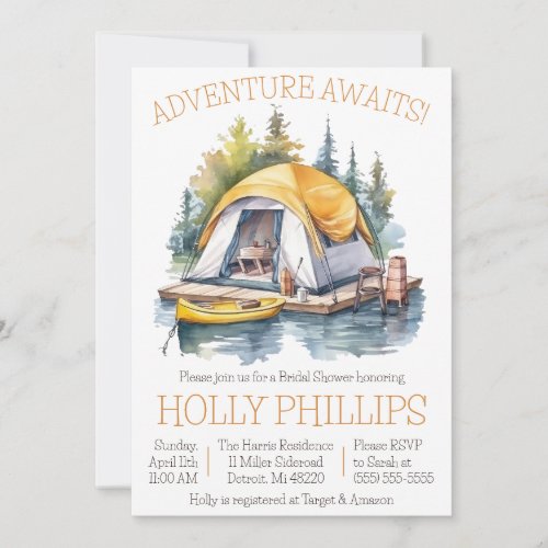 Adventure Awaits Camping Canoeing Bridal Shower Invitation