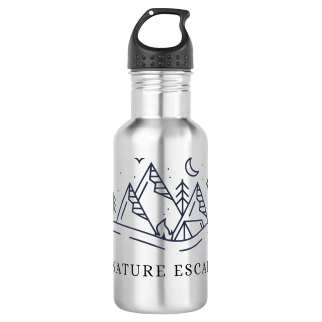 "Adventure Awaits Camping Graphic Stainless Steel Water Bottle (Front)