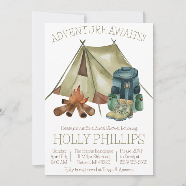 Adventure Awaits! Camping, Hiking Bridal Shower Invitation (Front)