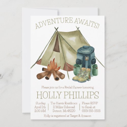 Adventure Awaits Camping Hiking Bridal Shower Invitation